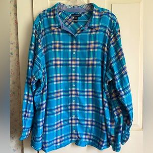 Lands End Teal Plaid Flannel Button Down